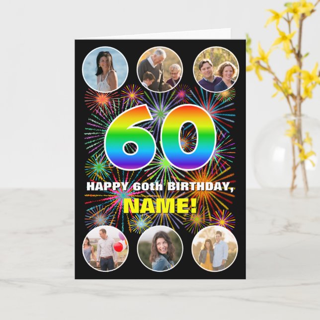 Carte 60e anniversaire : Fun Rainbow #, Custom Name & Ph (Fleur jaune)