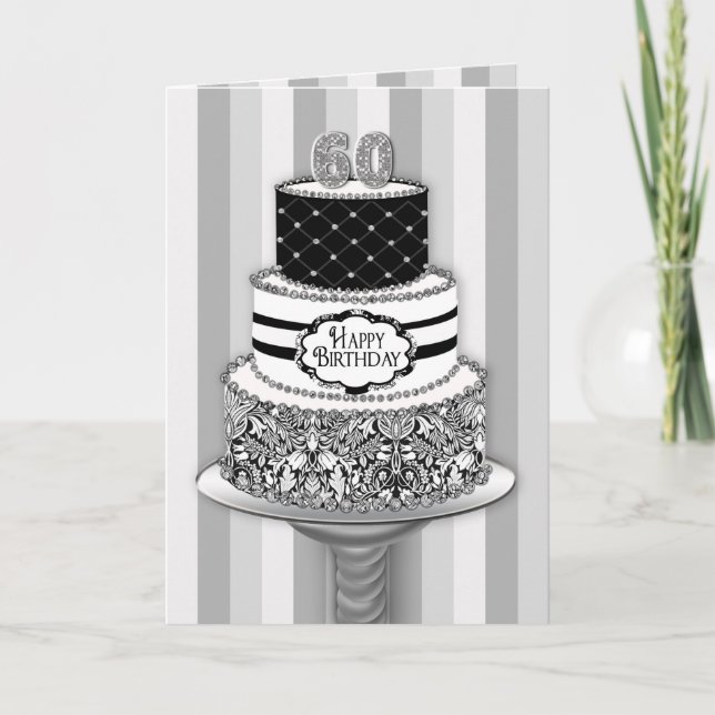 Carte 60e anniversaire, gâteau Motif noir/blanc 3 niveau (Devant)