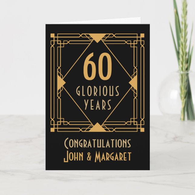 Carte 60e anniversaire Mariage Art déco Noms Or Noir (Devant)