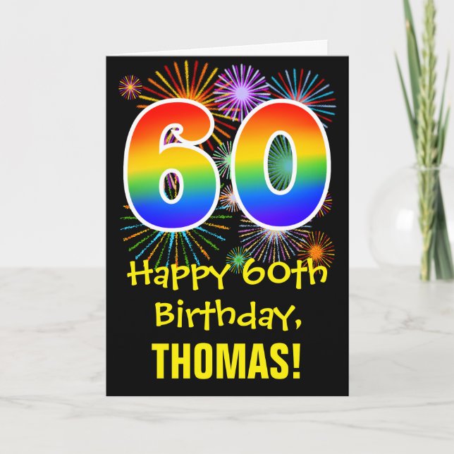 Carte 60e anniversaire : motif de feux d'artifice amusan (Devant)