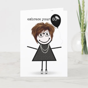 Carte 60e Anniversaire Stick Figure Girl avec ballon