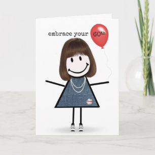 Carte 60e Anniversaire Stick Figure Girl avec Ballons Ro