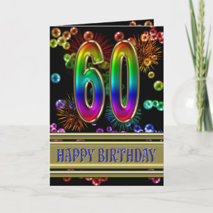 Carte 60ème anniversaire avec bulles arc-en-ciel et feux