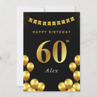 Carte 60th Birthday Card Black and Gold Balloons
