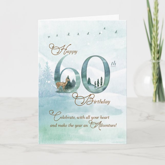 Carte 60th Birthday Evergreen Pines and Deer Nature (Devant)