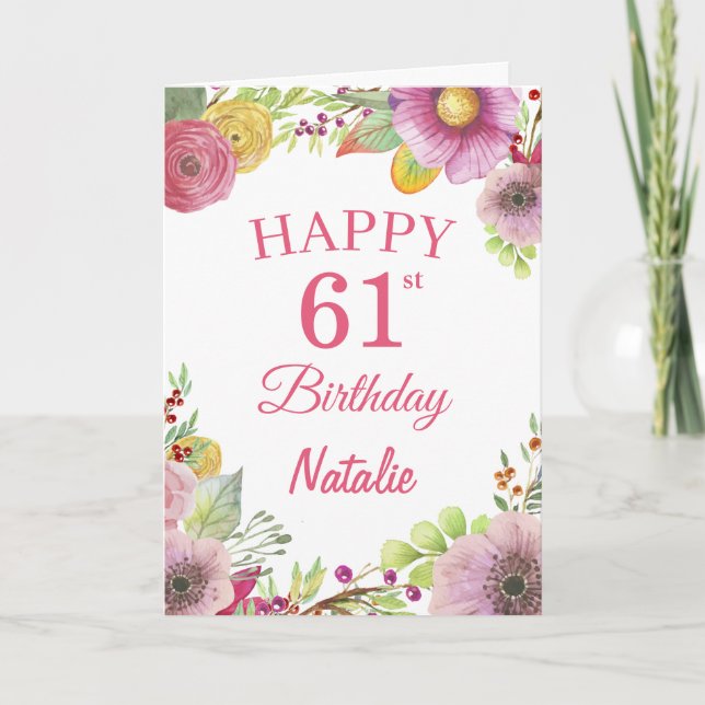 Carte 61e anniversaire Aquarelle Florale Fleurs Pink Car (Devant)