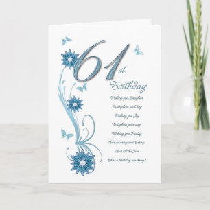 Carte 61e anniversaire en turquoise avec fleurs et papil