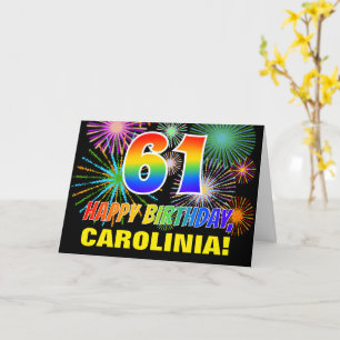 Carte 61e anniversaire : Gras, Amusant, Feux d'artifice,