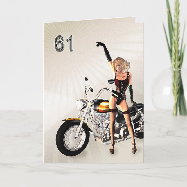 Carte 61e anniversaire, moto et fille (Devant)