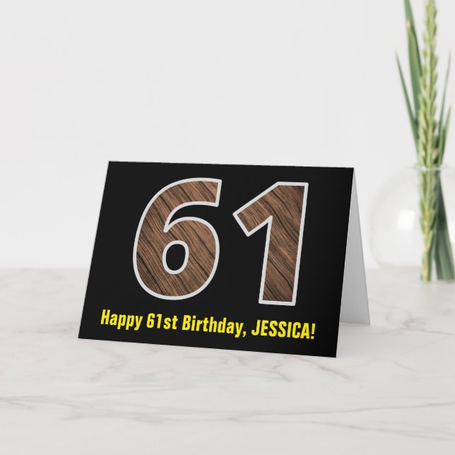 Carte 61e anniversaire : Nom + Motif faux grain de bois  (Devant)