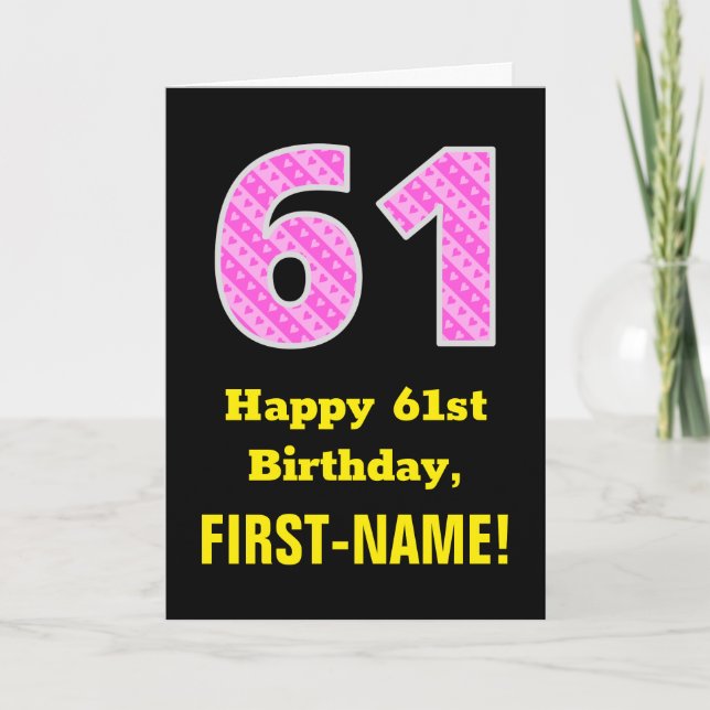 Carte 61e anniversaire : Pink Stripes and Hearts "61" +  (Devant)