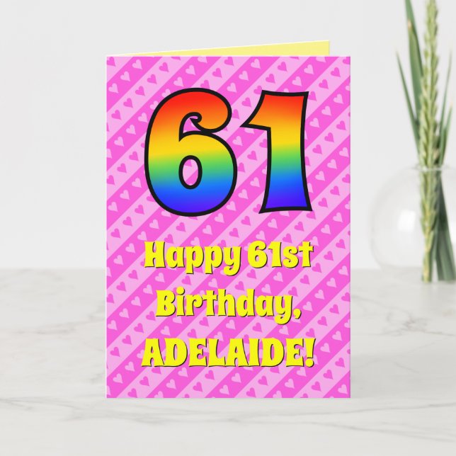 Carte 61e anniversaire : Pink Stripes & Hearts, Arc en c (Devant)