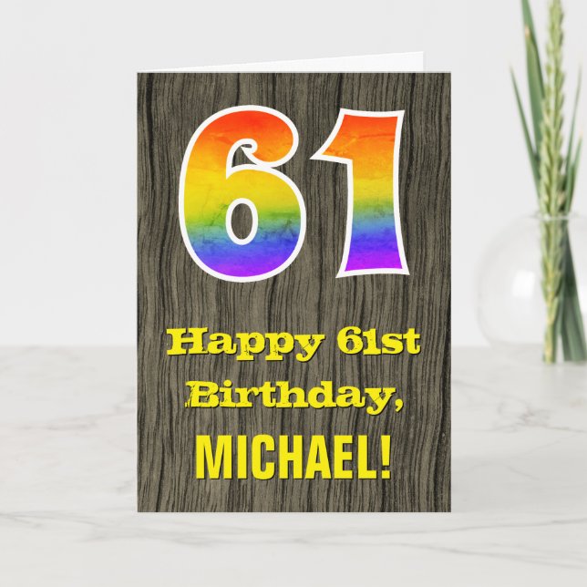 Carte 61e anniversaire : Rustic Faux Wood Look, Arc-en-c (Devant)