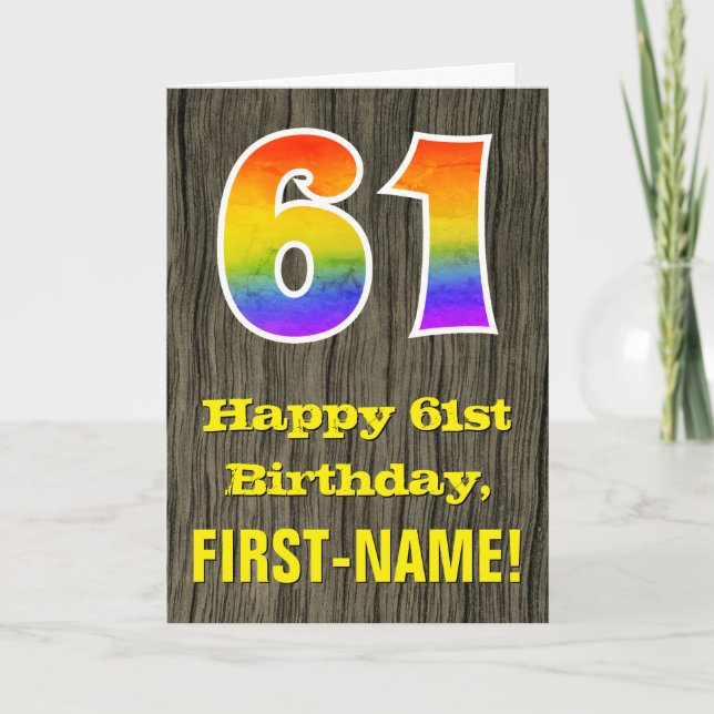 Carte 61e anniversaire : Rustic Faux Wood Look, Arc-en-c (Devant)