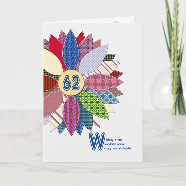 Carte 62 ans, anniversaire de fleur cousue (Devant)
