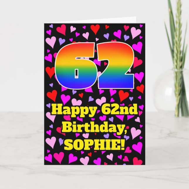 Carte 62e anniversaire : Amour Hearts Motif, Arc-en-ciel (Devant)