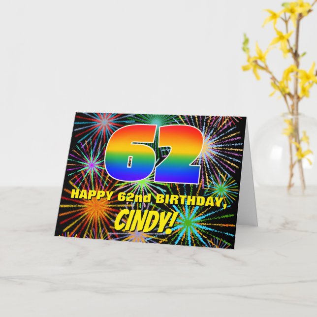 Carte 62e anniversaire : Feu d'artifice festif amusant e (Fleur jaune)