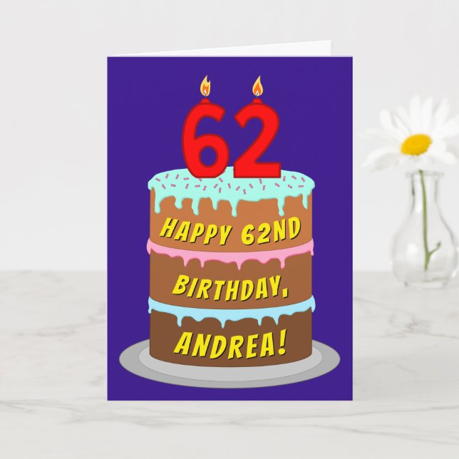 Carte 62e anniversaire : Fun Cake and Candles + Nom pers (Petite plante)