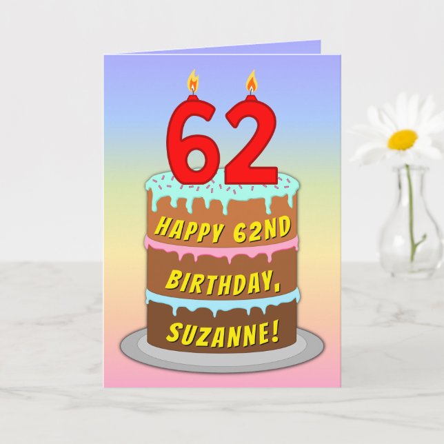 Carte 62e anniversaire — Fun Cake & Candles, avec nom pe (Petite plante)
