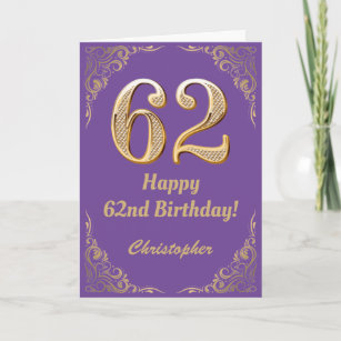 Carte 62e anniversaire Parties scintillant violet et or