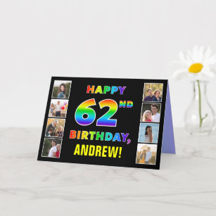 Carte 62e anniversaire : Rainbow Text, Custom Photos & N