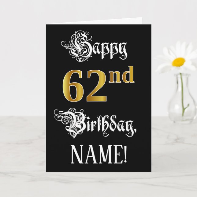 Carte 62e anniversaire — Script fantaisie; look or Faux; (Petite plante)