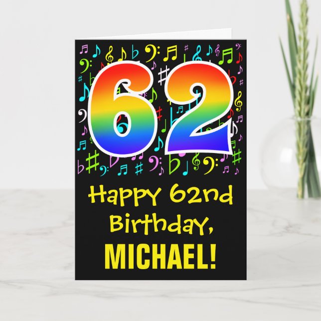 Carte 62e anniversaire : Symboles de musique colorée + A (Devant)