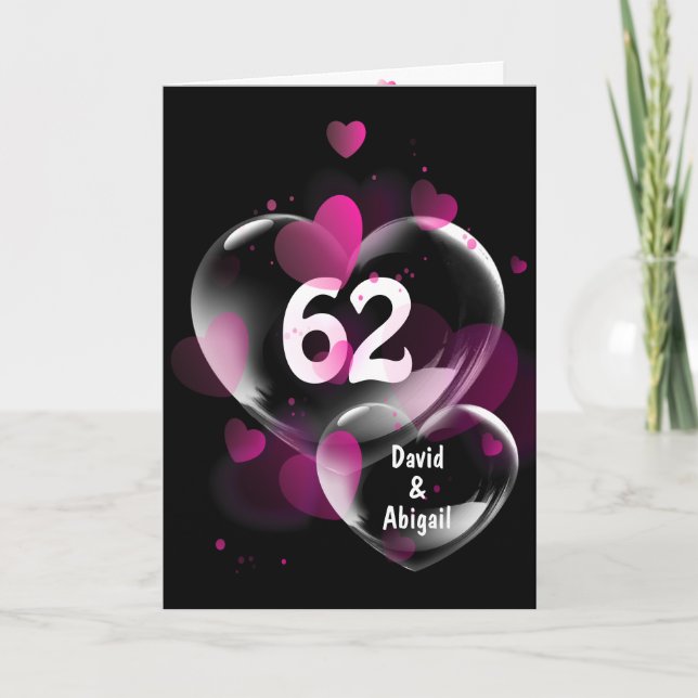 Carte 62ème Anniversaire Bulles cardiaques sur Noir (Devant)