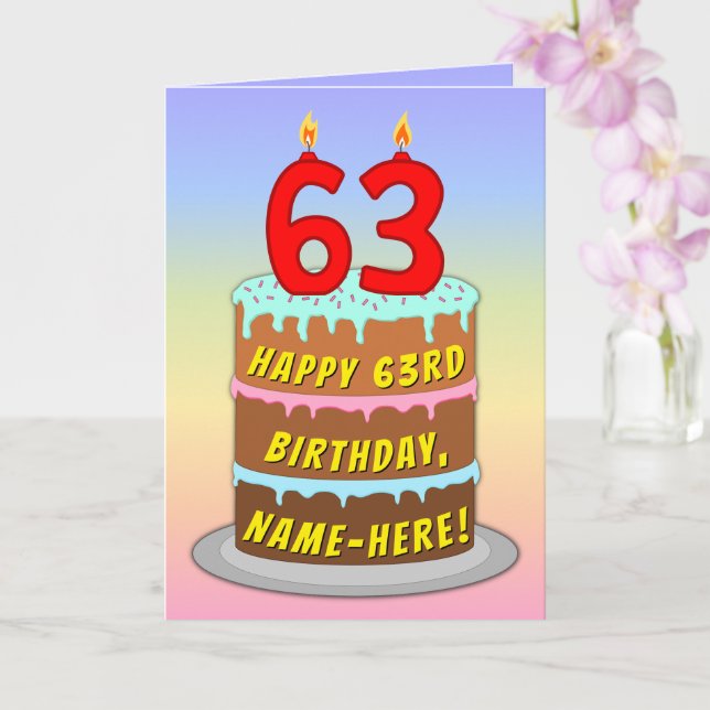 Carte 63e anniversaire — Fun Cake & Candles, avec nom pe (Orchidée)