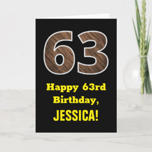 Carte 63e anniversaire : Nom, Motif Faux Wood Grain "63"