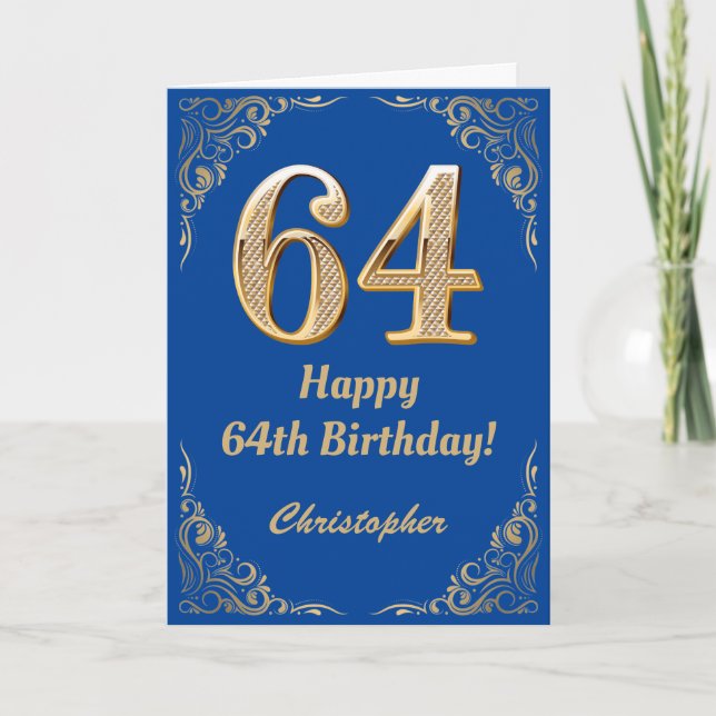 Carte 64e anniversaire Cadre Parties scintillant bleu et (Devant)