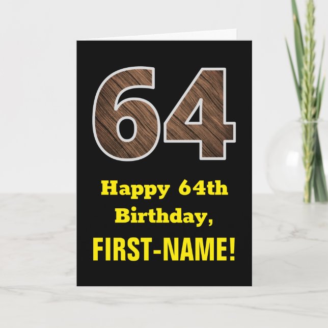 Carte 64e anniversaire : Nom, Motif Faux Wood Grain "64" (Devant)