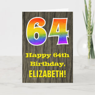 Carte 64e anniversaire : Rustic Faux Wood Look, Arc-en-c