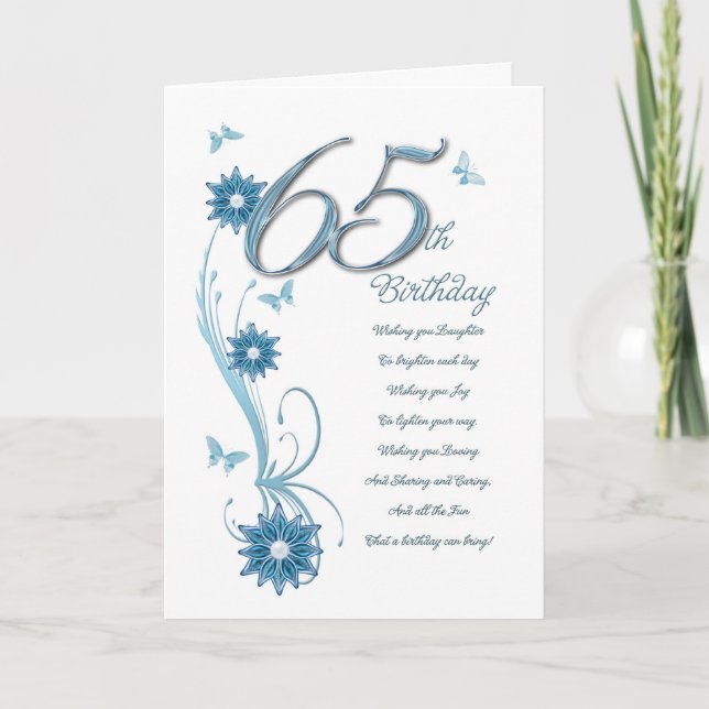 Carte 65e anniversaire en turquoise avec fleurs et papil (Devant)