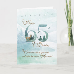 Carte 65e Anniversaire Evergreen Pins et Cerfs Nature