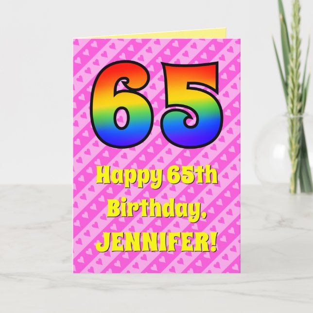 Carte 65e anniversaire : Pink Stripes & Hearts, Arc en c (Devant)