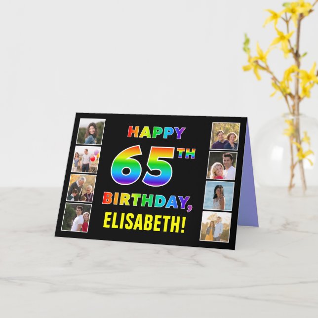 Carte 65e anniversaire : Rainbow Text, Custom Photos & N (Fleur jaune)
