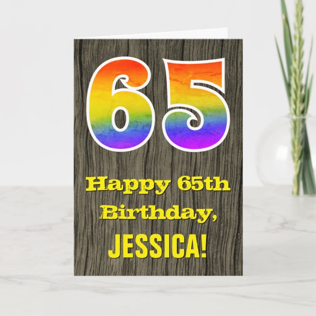 Carte 65e anniversaire : Rustic Faux Wood Look, Arc-en-c (Devant)