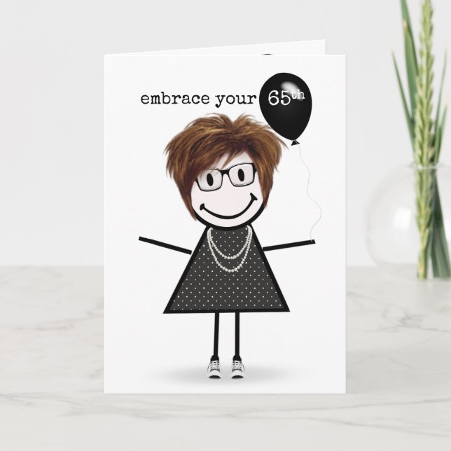 Carte 65e Anniversaire Stick Figure Girl avec ballon (Devant)