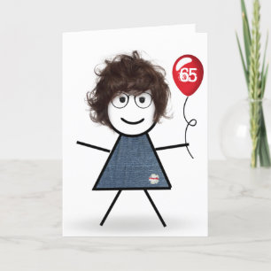 Carte 65e Anniversaire Stick Girl avec Ballons Rouge