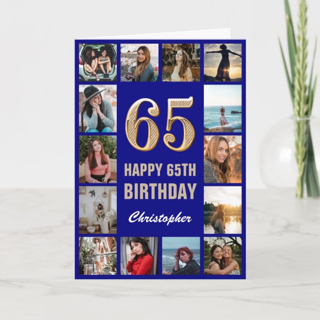 Carte 65e Joyeux Anniversaire Marine Bleu & Gold Photo C (Devant)