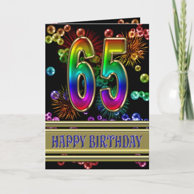Carte 65ème anniversaire avec bulles arc-en-ciel et feux (Devant)