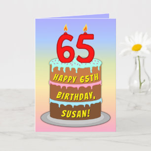 Carte 65th Birthday — Fun Cake & Candles, w/ Custom Name
