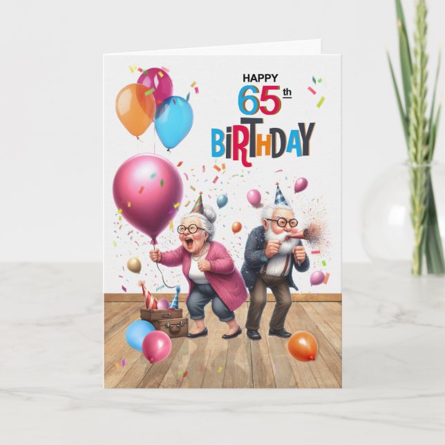 Carte 65th Birthday Funny Old Man and Woman Balloons (Devant)