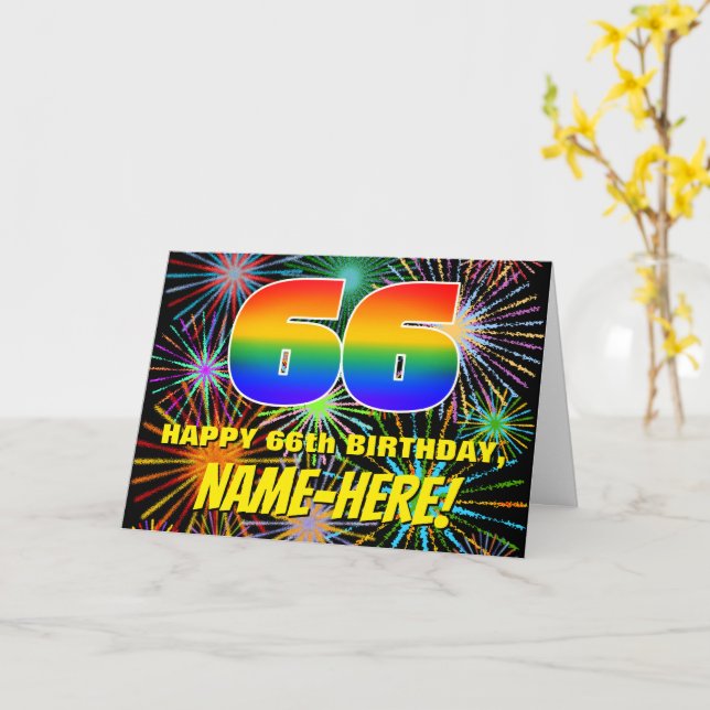 Carte 66e anniversaire : Feu d'artifice festif amusant e (Fleur jaune)