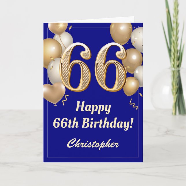 Carte 66e anniversaire Marine Bleu et Ballons d'or Confe (Devant)
