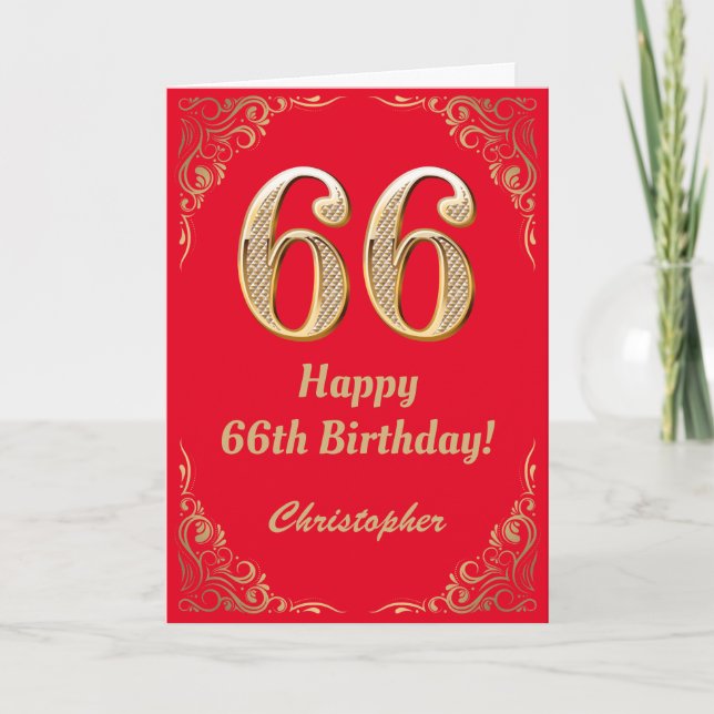 Carte 66e anniversaire Parties scintillant rouge et or (Devant)