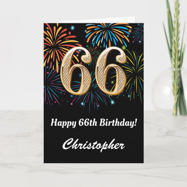 Carte 66e anniversaire Rainbow Fireworks noir et or (Devant)