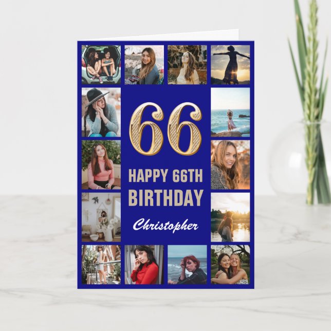 Carte 66e Joyeux Anniversaire Marine Bleu & Gold Photo C (Devant)