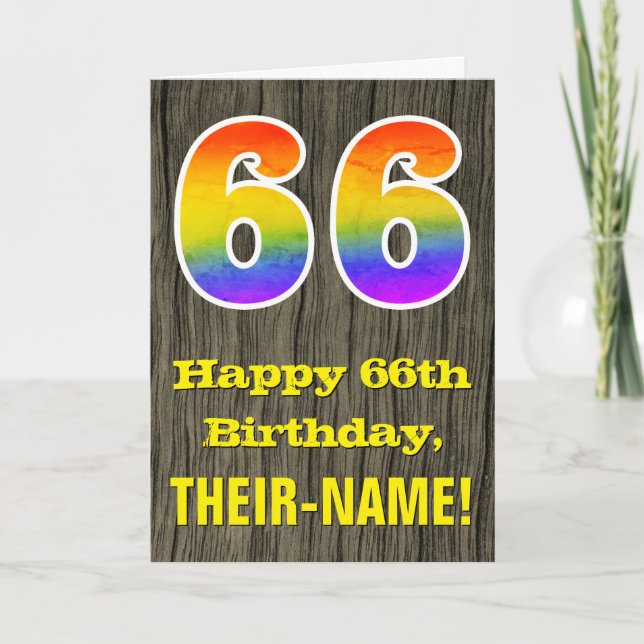 Carte 66th Birthday : Rustic Faux Wood Look, Rainbow "66 (Devant)
